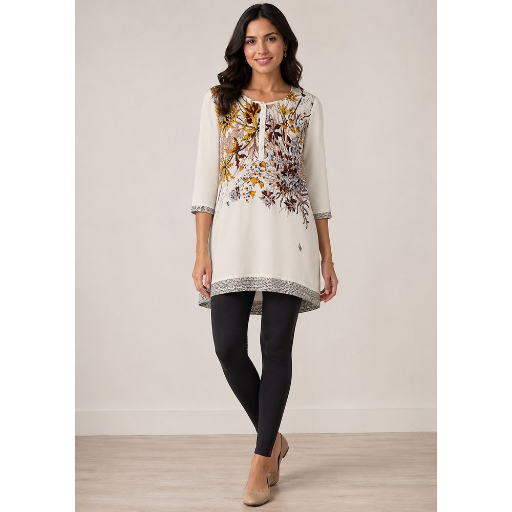 JOHNNY WAS Beige | Floral Print 100% Silk Tunic Top 3/4 Sleeves Size XS Boho